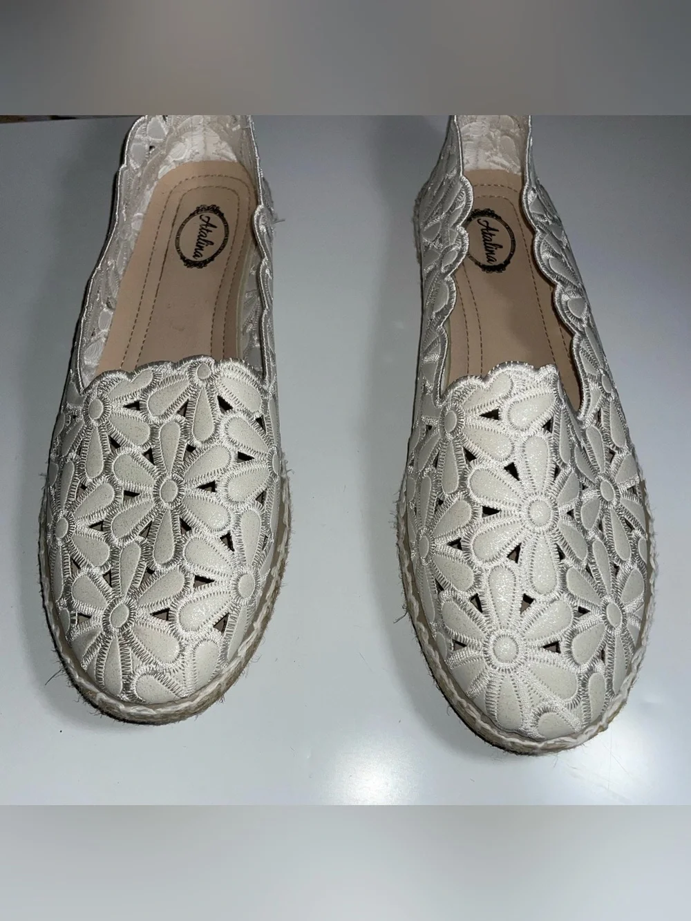 Pearl Floral Lace Espadrille Flats Wide Width 9W Comfortable Slip-On Shoes
